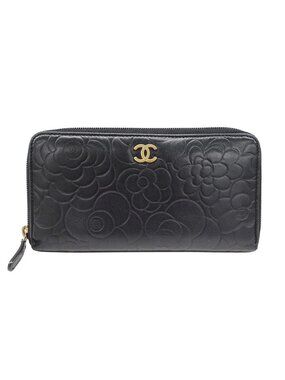Chanel Wallet Camellia Lambskin Black Gold Zip Around Floral Pattern